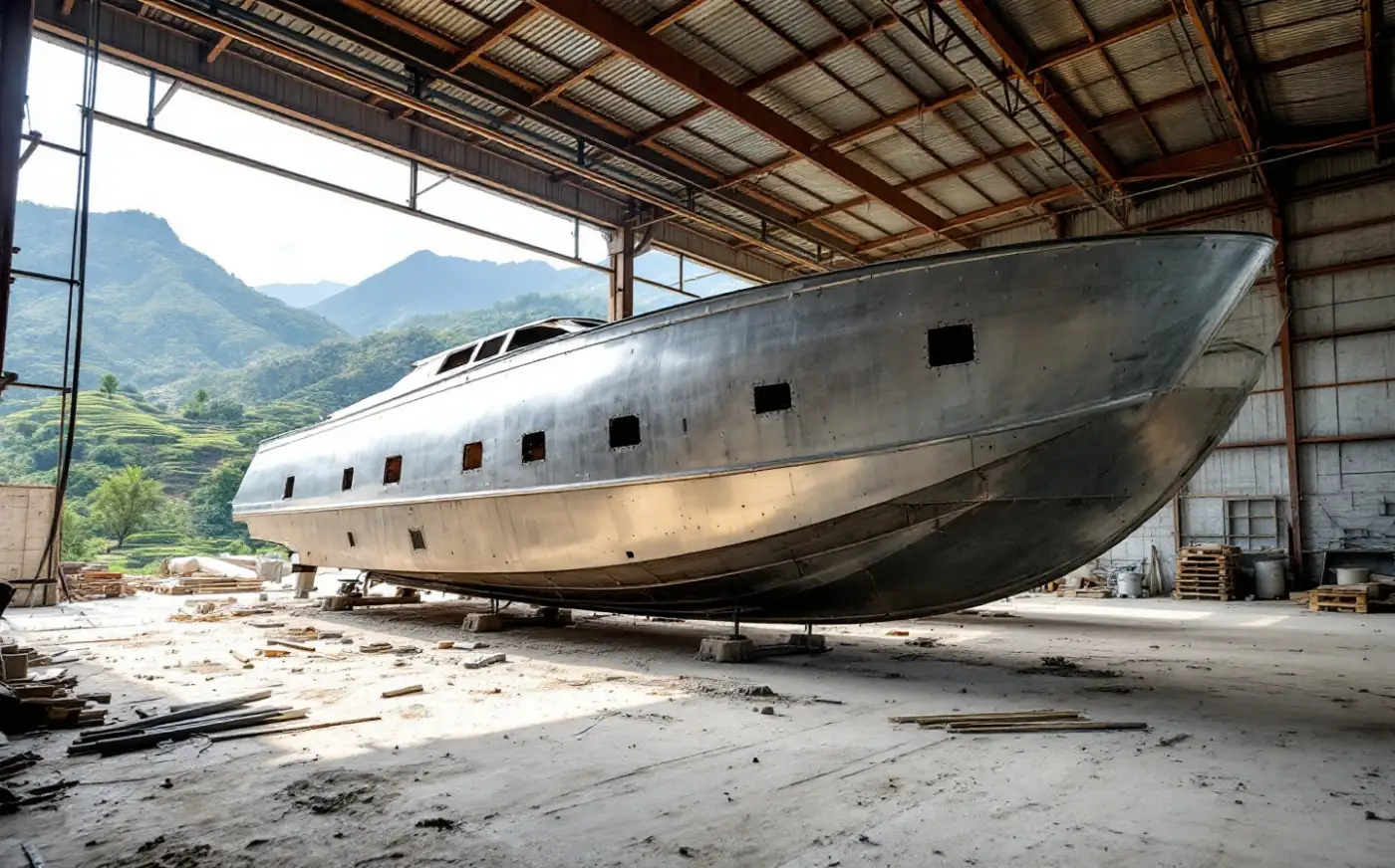 Aluminium fast passenger boat hull under construction in an open-sided Lombok boatyard shed